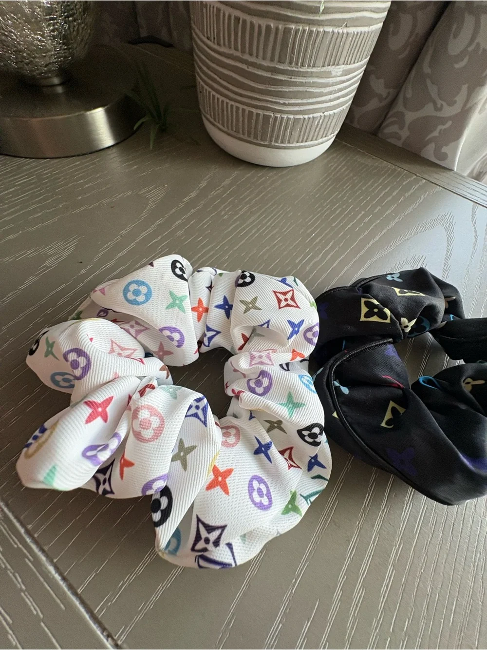 FASHION Set of 2 Monogram Print Satin Scrunchie Set - White Multicolor & Black
